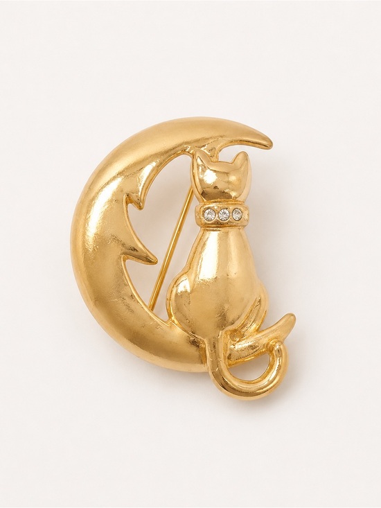 Jewelry - Vintage Gold Cat on Moon Brooch - Elegant Cat Pin in Gold Tone